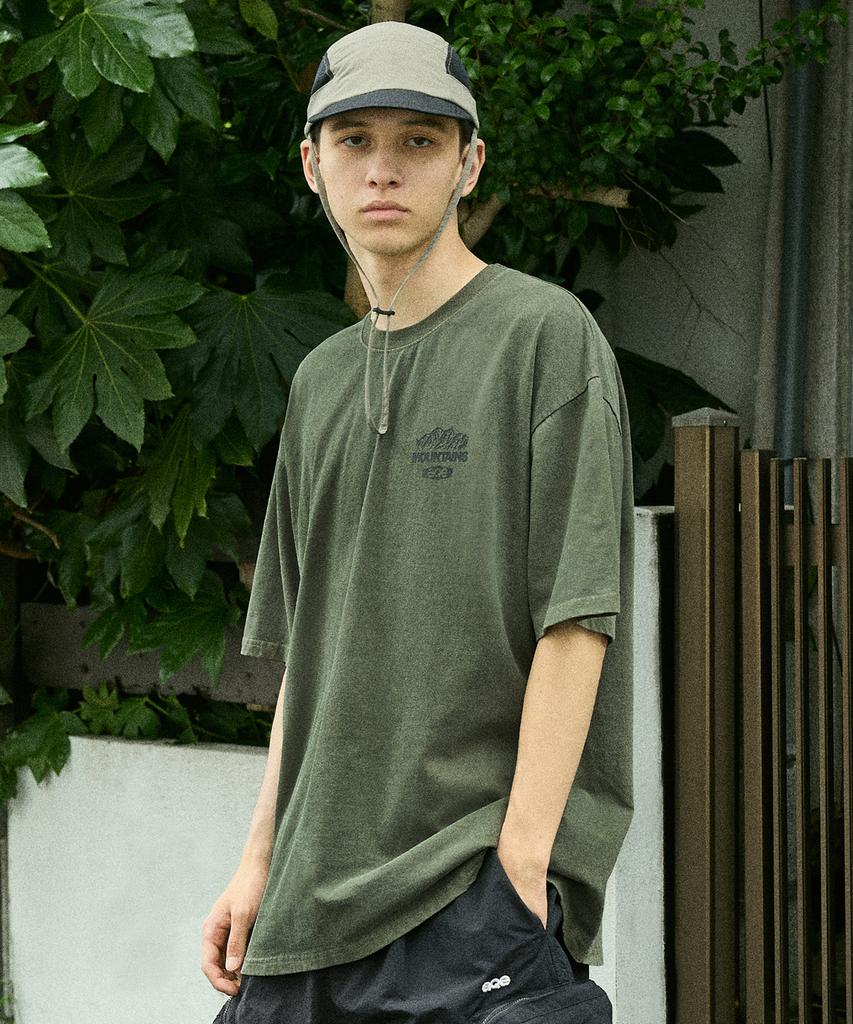 Peullukeu Aqe Mountain Graphic Pigment Short Sleeve T-Shirt Khaki Fst745