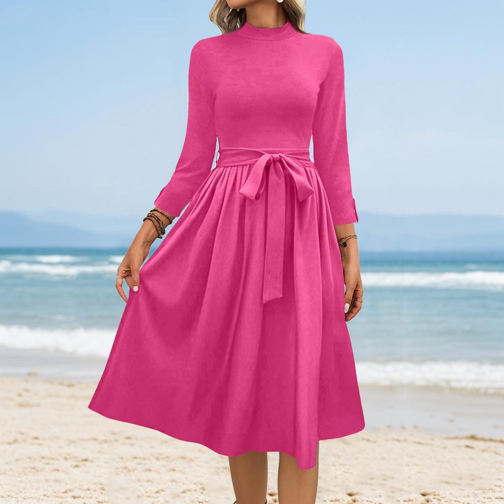 Women's Fashion Casual Belt Seven Sleeve Round Neck Solid Color Temperament Dresses