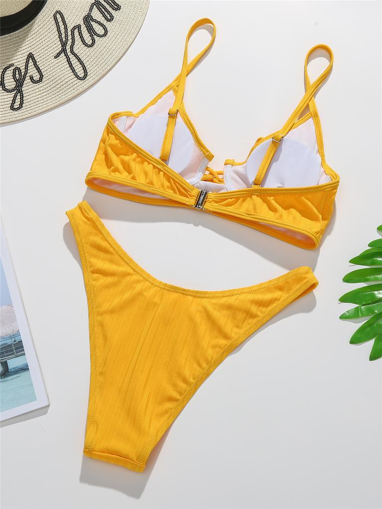 Women's 2 Piece Bathing Suit Rope Gathering Bikini Sets Plain Swimsuit Beachwear Summer Bikini Swimsuits