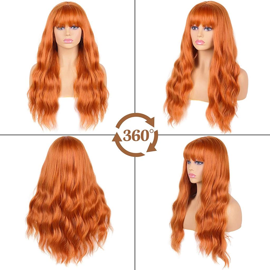 MERISIHAIR Oranžová paruka s ofinou Cospaly, dlouhá vlnitá paruka pro ženy, syntetické paruky tepelně odolné 24 palců