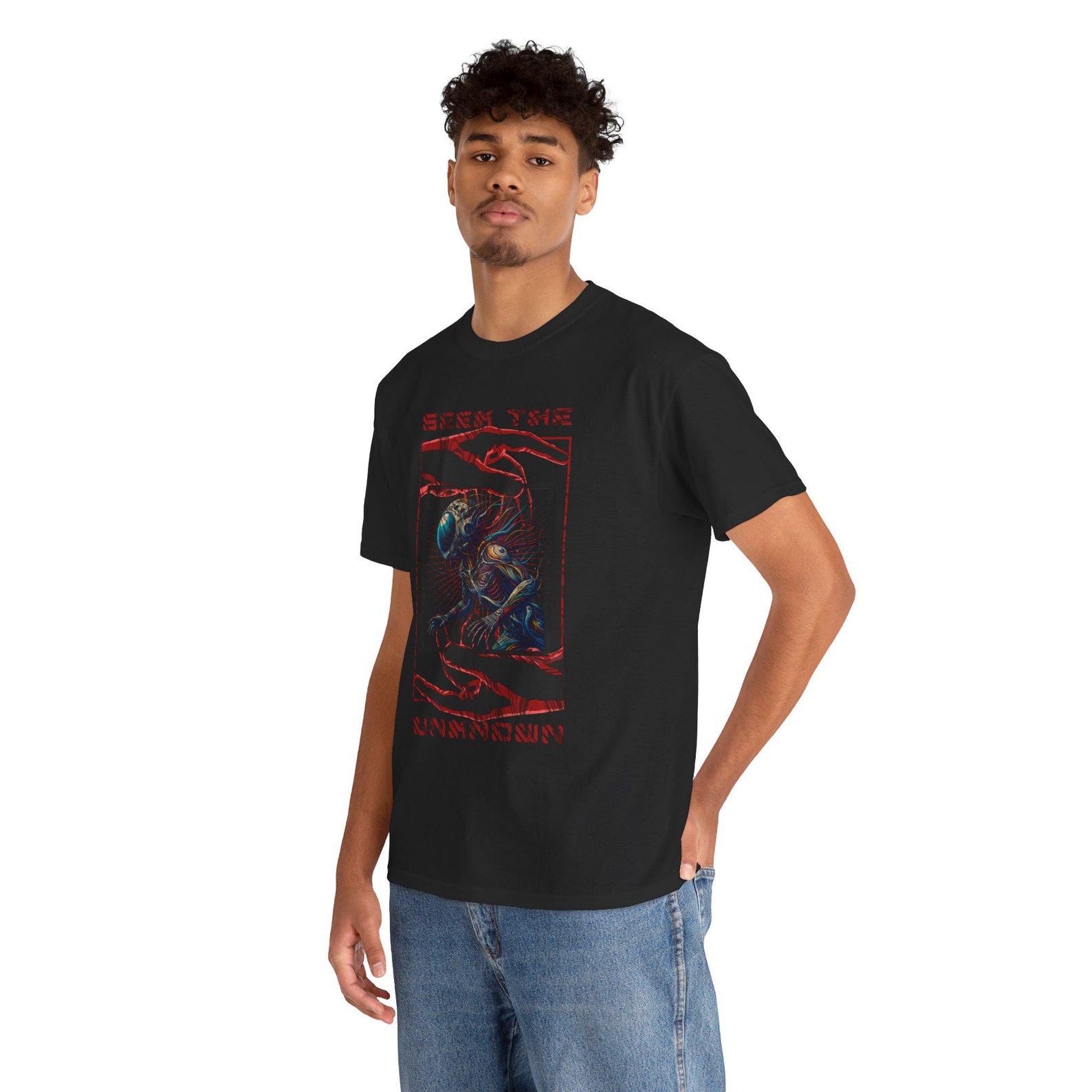 Seek The Unknown Alien Space T-Shirt | Trippy Sci-Fi Galaxy Design L