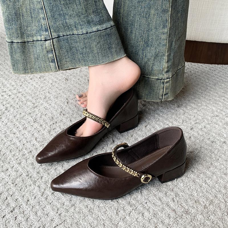 Spring and Autumn New French Retro Thick Heel Chain Mary Jane Women's Single Shoes Pointed Shallow Mouth One-word Buckle Granny Shoes
