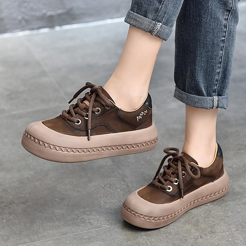 Mode GKTINOO Rindsleder Plateau Sneaker Damen Herbst Lässige Vulkanisierte Schuhe Damen Echtes Leder Dicke Sohle Sportliche Flache Schuhe