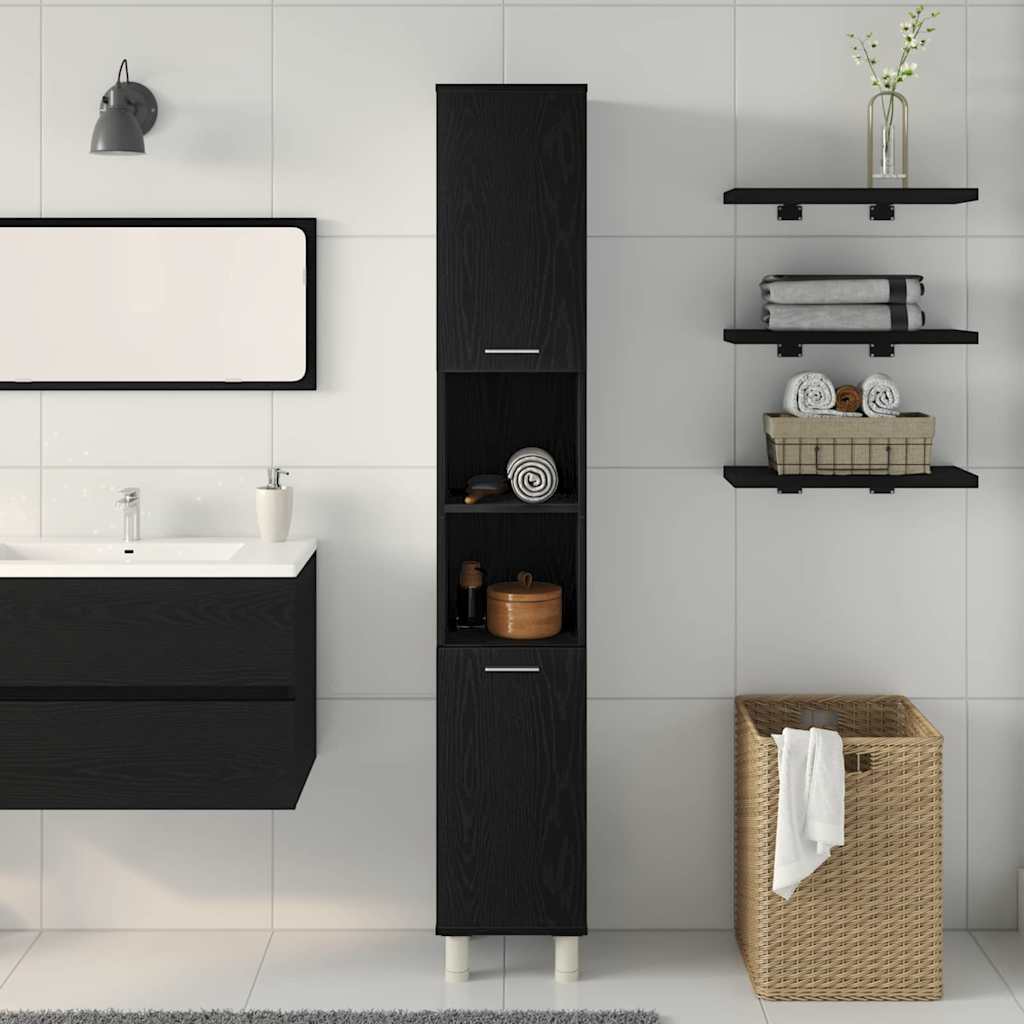 Bathroom Cabinet with Door Black Oak Effect 30 x 30 x 179 cm