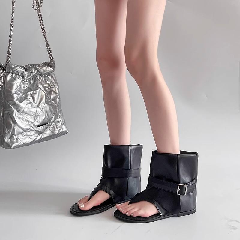 European and American fashion short herringbone toe cool boots belt buckle sleeve flat-bottomed trousers boots women's high-top Roman sandals autumn