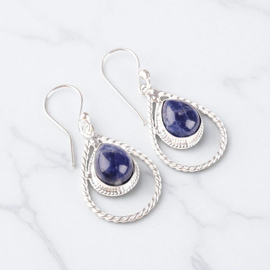Natural Sodalite Gemstone 925 Sterling Silver Jewelry Handcrafted Earrings 1.70" EE-96-30
