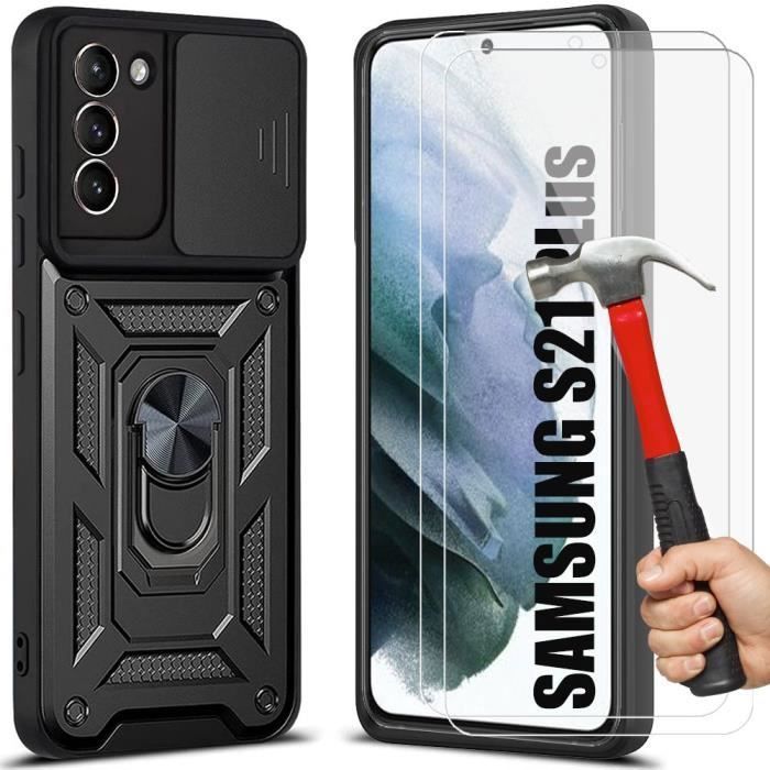 Coque de Protection - PROSHOP - pour Samsung S21 Plus - Noir - Antichoc - Support Anneau 360° - avec 2 Verres Trempés