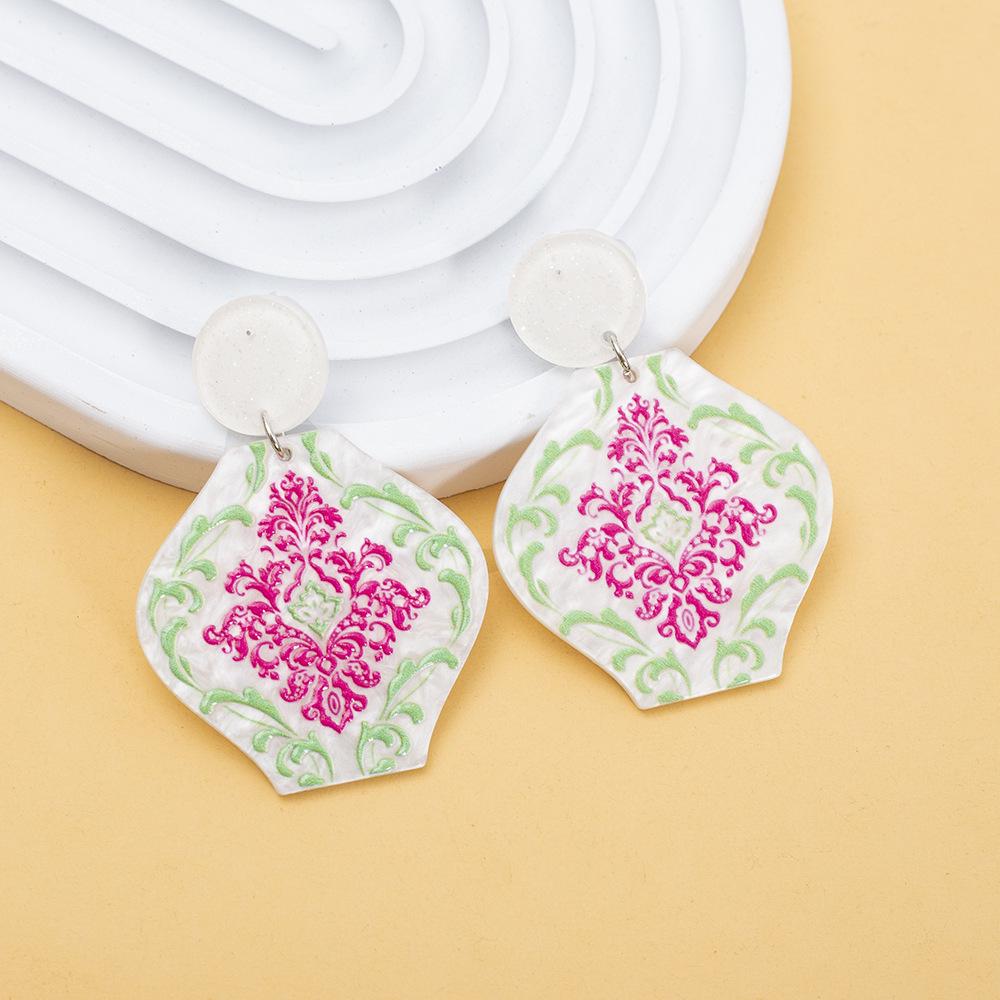 Ethnic Green & Purple 3D Acrylic Vase Earrings with Blue & White Porcelain Pattern