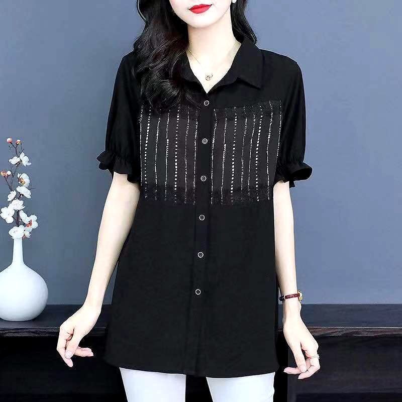 

Модная полосатая блузка миди с яркой отделкой, женская одежда, лето, новинка, всесезонная, свободная, с воротником поло, однобортная рубашка XXXL чёрный