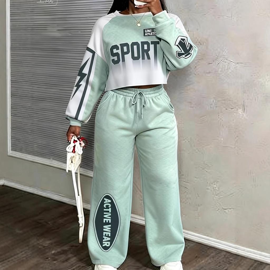 Retro americano, tuta sportiva con lettere per donna, maniche a spalla, maglione corto + pantaloni della tuta, set casual due pezzi.