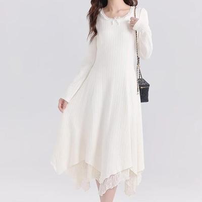 Pure White Lace Long Dress for Women - Versatile Inner Wear, Perfect for Pairing with Coats In Autumn and Winter 2025
