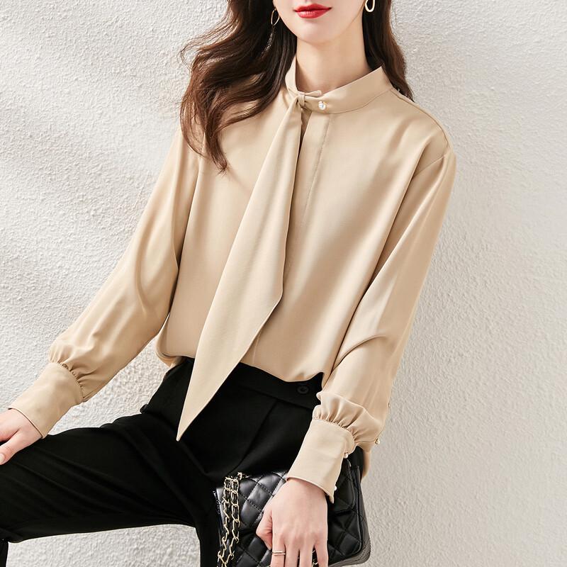 Srcr Women s Satin Chiffon Ribbon Long Sleeve Blouse L