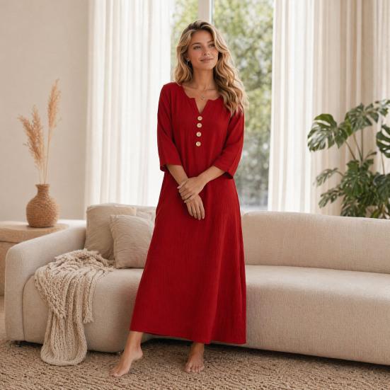 Loose Maxi Dress for Women,  3/4 Sleeve Button Up V Neck Casual Long Dress, Summer Flowy Beach Sundress