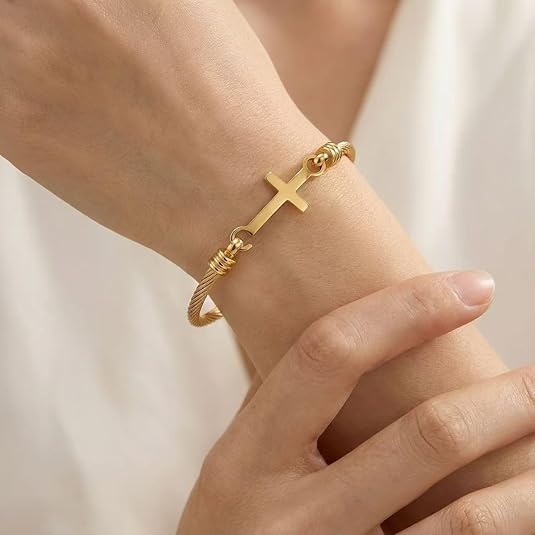 Hot Selling Thread Bracelet Faith Christian Gold Plated Cross Bracelet Inspirational Stainless Steel Women Jewelry for Gift