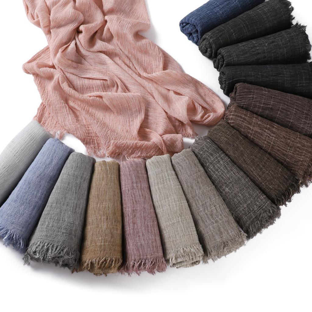  New High Quality Solid Color Wrinkle Muslim Women Hijab Scarf Ramadan Shawl Headband Turban Islamic Hijabs Wraps Tassels