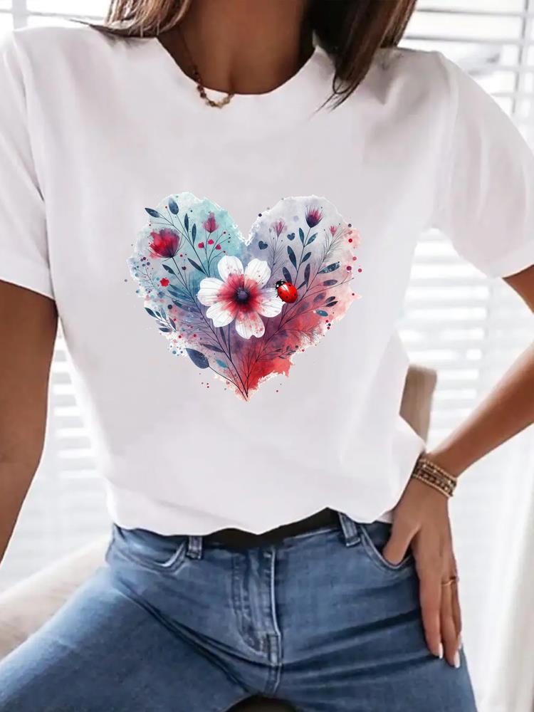 (Asian Size) Watercolor Flower Trend Women Tee Top Fashion Clothing T Shirt Woman Print Female Short Sleeve Graphic T-shirts