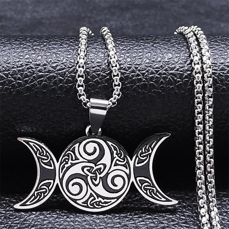 Triple Moon Pentagrams Pendant Necklace Stainless Steel Divination Astrology Necklaces Pagan Jewelry collares para mujer N7756S2