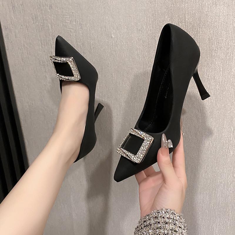 Fashion Rhinestone Square Toe Stiletto Single Fall New Pointed Toe Shallow Mouth Slip-on Non-Slip High Heels