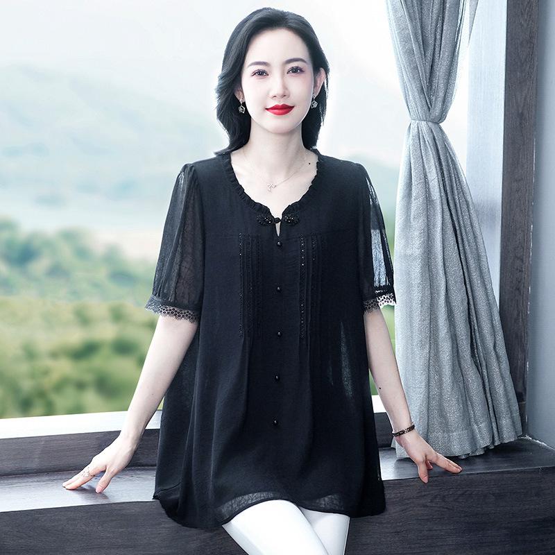 

Летняя шифоновая блузка 2025 года больших размеров для женщин среднего возраста - Повседневная в китайском стиле 4XL (180-200 jin) чёрный