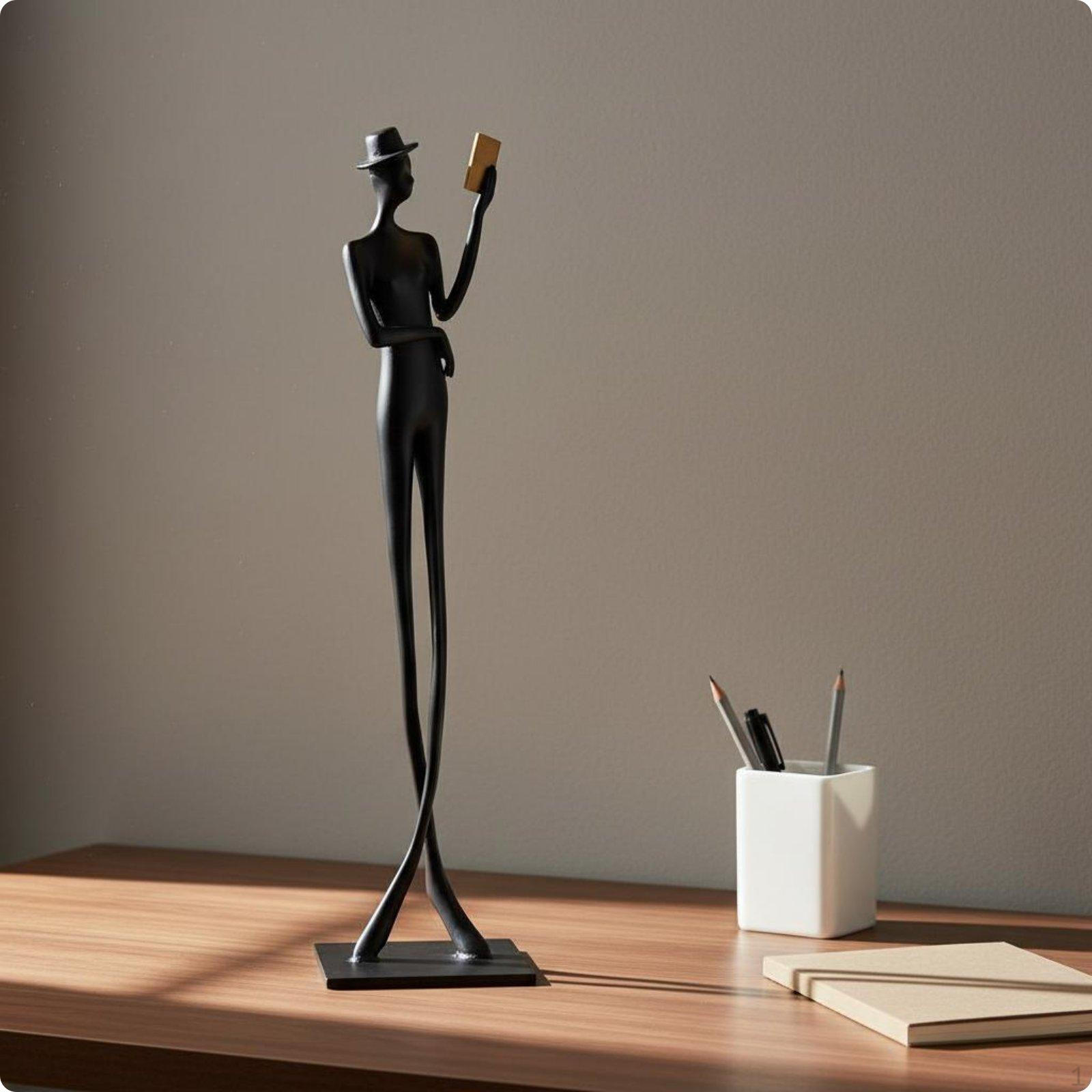 Abstract Reading Sculpture BookThemed Woman Statue Handcrafted Detail Black Metal Figurine