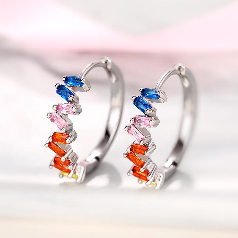 Silver Plated Rainbow Baguette CZ Huggie Hoops, Colorful Gradient Small Hoop Earrings for Women