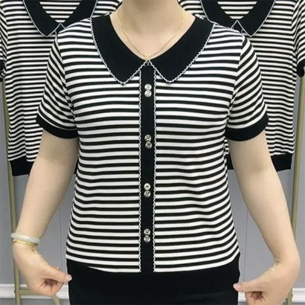 Striped Short-sleeved Doll Collar Top In Summer Korean Version of Mother Dress Contrast Color To Cover Belly and Make It Look Slim Button T-shirt