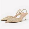 Luxury Mesh Embroidery Flower Design Gold Heels for Women Fashion Pointed Toe Slingback Mules Sandals Elegant Banquet Dress Shoe