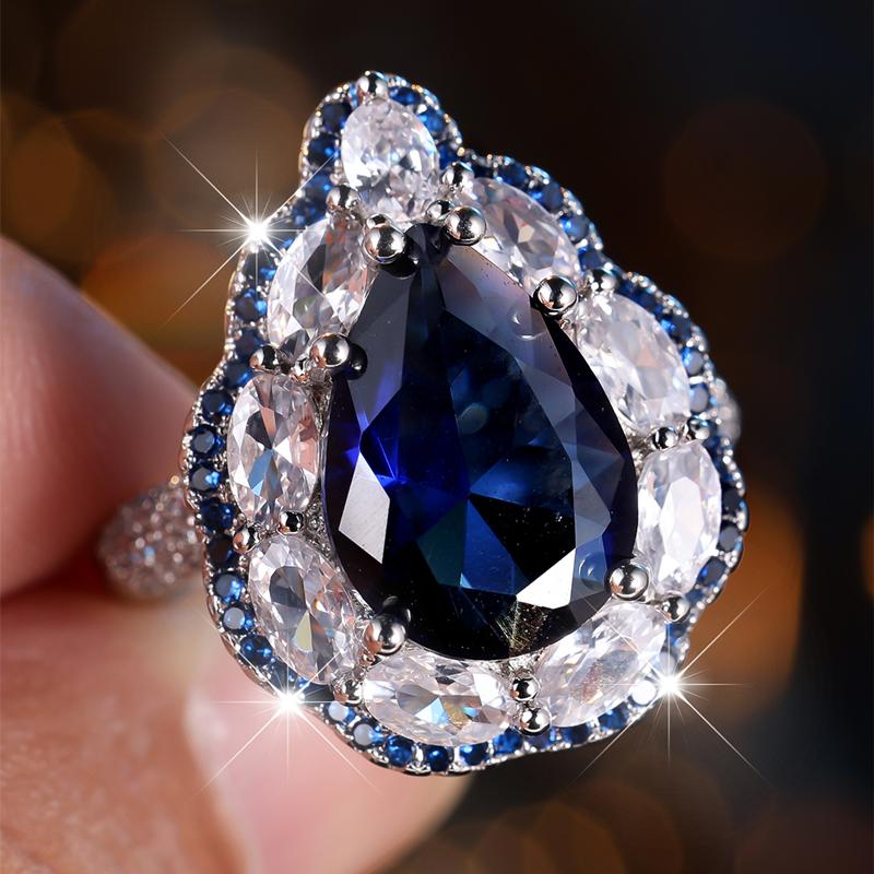 

Роскошное большое кольцо с синим кристаллом и цирконием в форме капли воды для женщин, открытое регулируемое кольцо, свадебное украшение для помолвки, подарок синий/серебряный