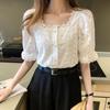 Summer White Cotton Lace Shirt Women Square Collar Short Sleeve Tops Shirts Women Hollow Out Vintage Elegant Blouse Blusas