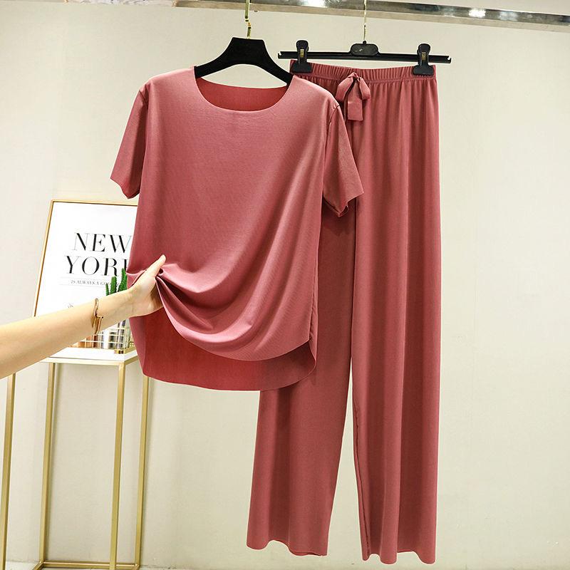 2025 Spring and Summer Ice Silk Pajamas Two-piece Short-sleeved Long Pants Colorful Large Size Breathable Leisure Home Wear Suit