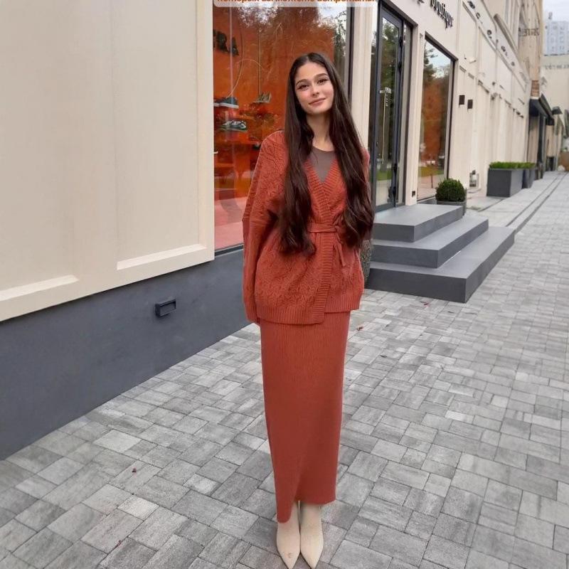Hollow Cardigan Loose Knitted Sweater Jacket Cross-border European and American Women's Clothing Lace-up Skirt Fashion Casual Suit