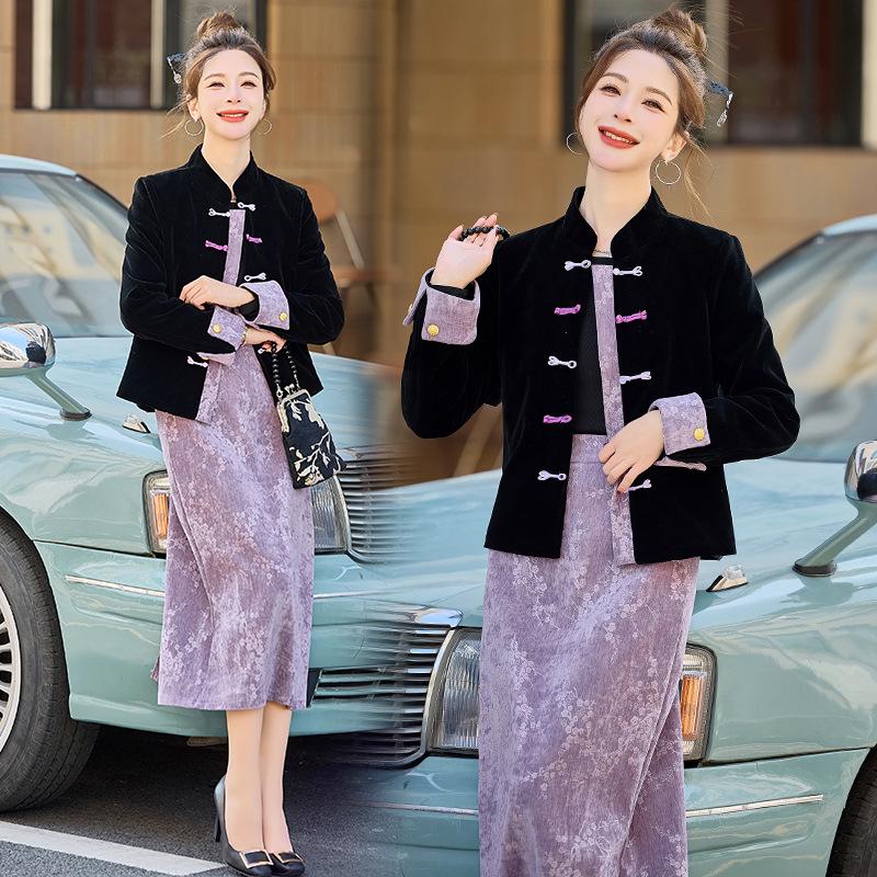 2025 Women's Slim Chinese-Style Jacket Skirt Two-Piece Suit for Spring & Autumn