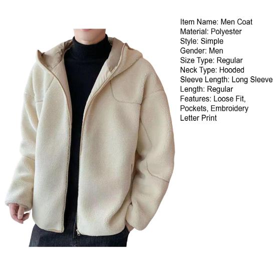 Heren Jas Jas Capuchon Lange Mouw Borduurwerk Letterprint Effen Kleur Jas Rits Sluiting Dikke Fleece Warm Winter Bovenkleding