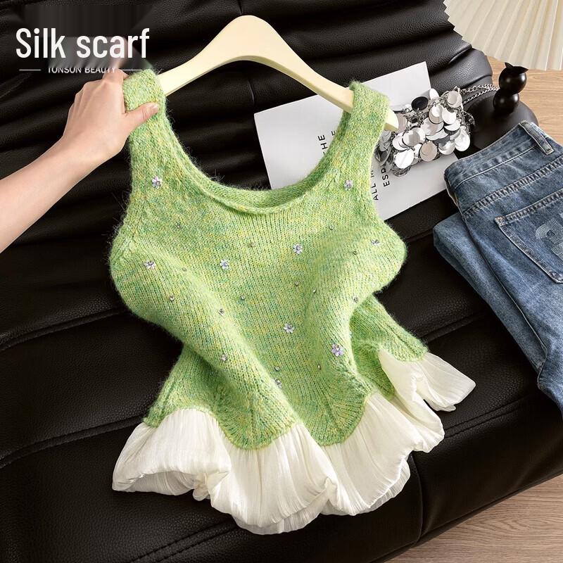 Women s Spring Wool Blend Knitted Vest with Mesh Hem One Size
