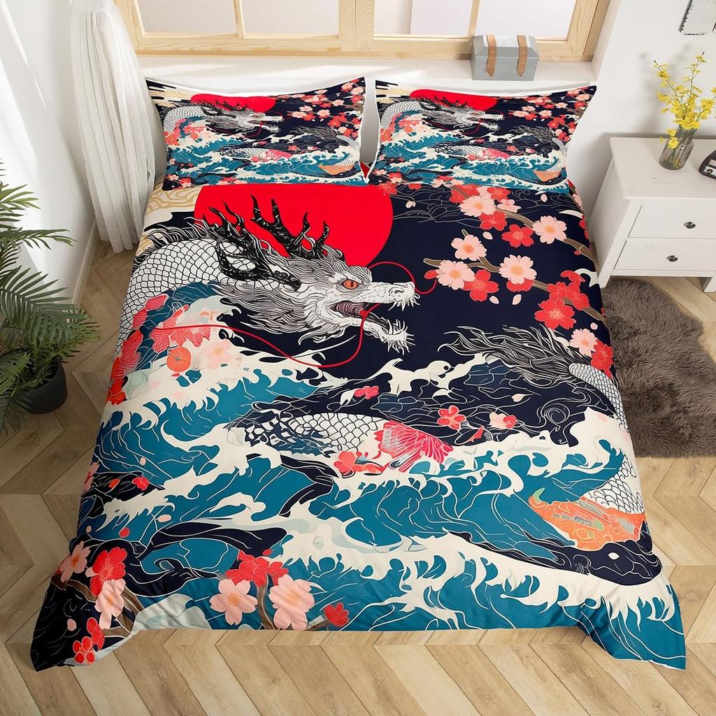 Japanischer Stil Bettwäscheset Einzelgröße Japanische Welle Bettbezug Set Kirschblüten Ozeanwelle Sonnenuntergang Bettbezug