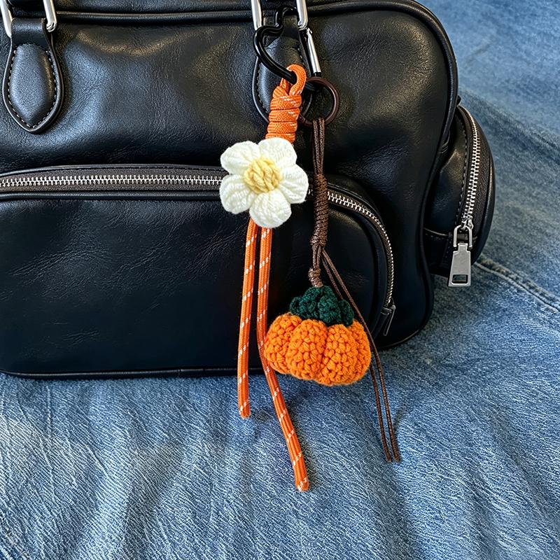 Yogodlns Cute Pumpkin Pendant Handwoven Mini Pumpkin Keychain Crochet Cherry Bag Pendant Bagpack Decor Charm Gift Ornament