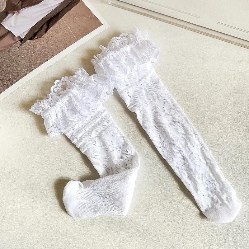 Meias JK Lolita de Renda e Malha Finas de Verão com Babados Brancas Pretas até o Joelho Longas para Meninas Crianças