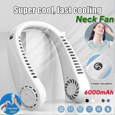 2023 Upgraded 6000mAh USB Rechargeable Hanging Dual Cooling Neck Fan Mini Portable Silent Quiet Ventilator Quick Cooling Electric Fan