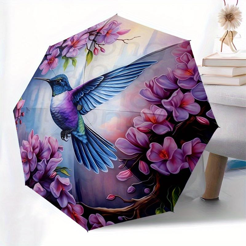 Hummingbird, Floral Automatic Folding Umbrella  8 Ribs, Durable Iron Frame, Bright Color Pattern Compact Travel Umbrella, Suitable for Outdo