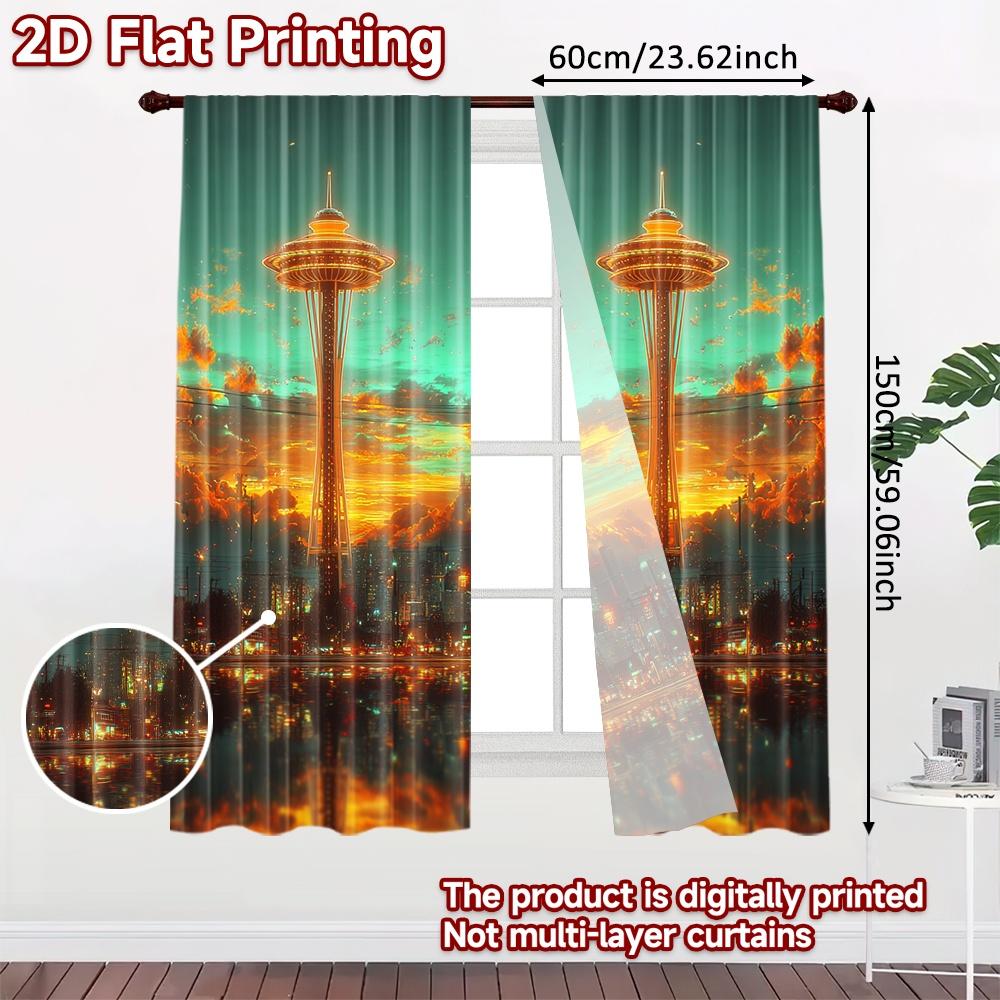 Set Of 2 Flat Printing Curtains Without Rod Futuristic City Sunset April Fools Is Day Holiday Digital Made Polyester
