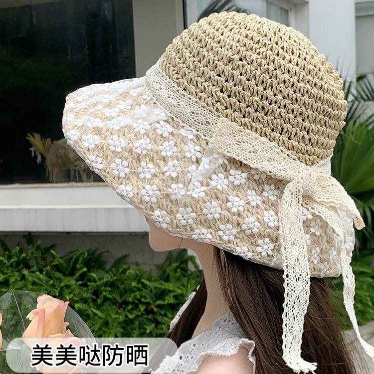 New seaside hat women's summer sunscreen straw hat Hepburn wind beach vacation sunshade sun hat breathable bucket hat