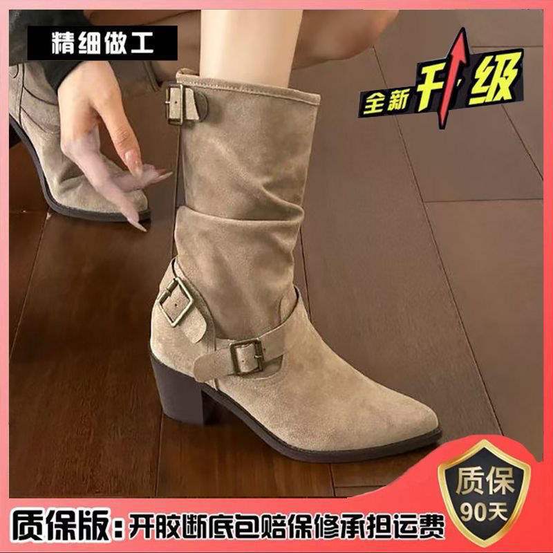 Retro Internet celebrity heap boots women 2025 autumn new thick heel pointed mid tube knight boots western cowboy boots women