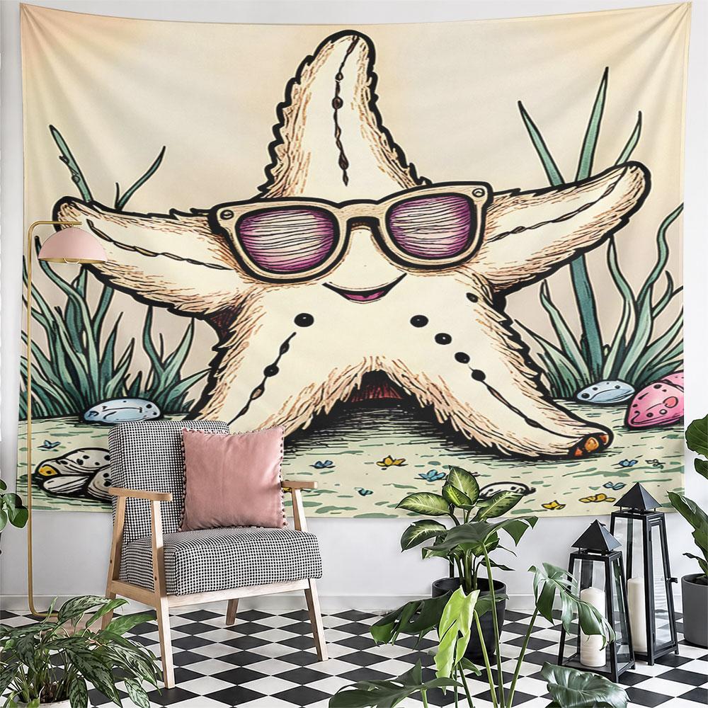 Starfish Wearing Sunglasses Illustration Pattern Wall Hanging Tapestry Decorative Tapestry Home Decor for Bedroom and Living Room