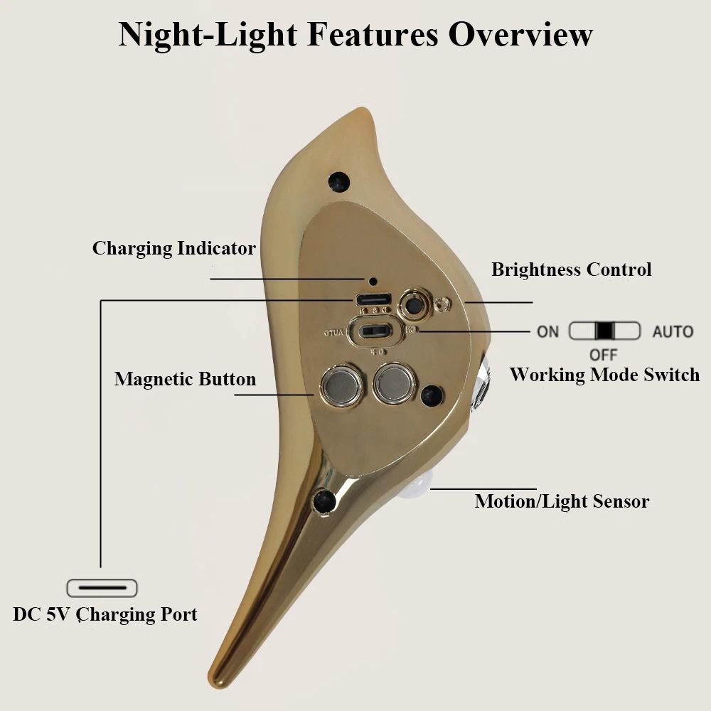 Luxury Gold Bird Shape LED Night Light, Magnetic Motion Sensor Wall Sconce, Rechargeable Dimmable Night Lamp for Home Decor