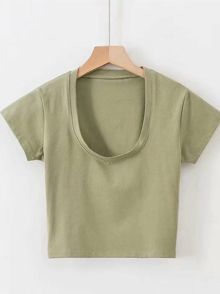 

Summer Solid Color Slim Women s U-neck Short Sleeve T-shirt - Basic Korean Style Top XL цвет морской волны