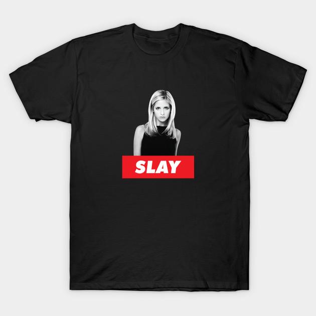 

Men Black Print T-shirt Buffy The Vampire Slayer: Slay No-Cut Transfer Paper Print Cotton Tshirt 4XL