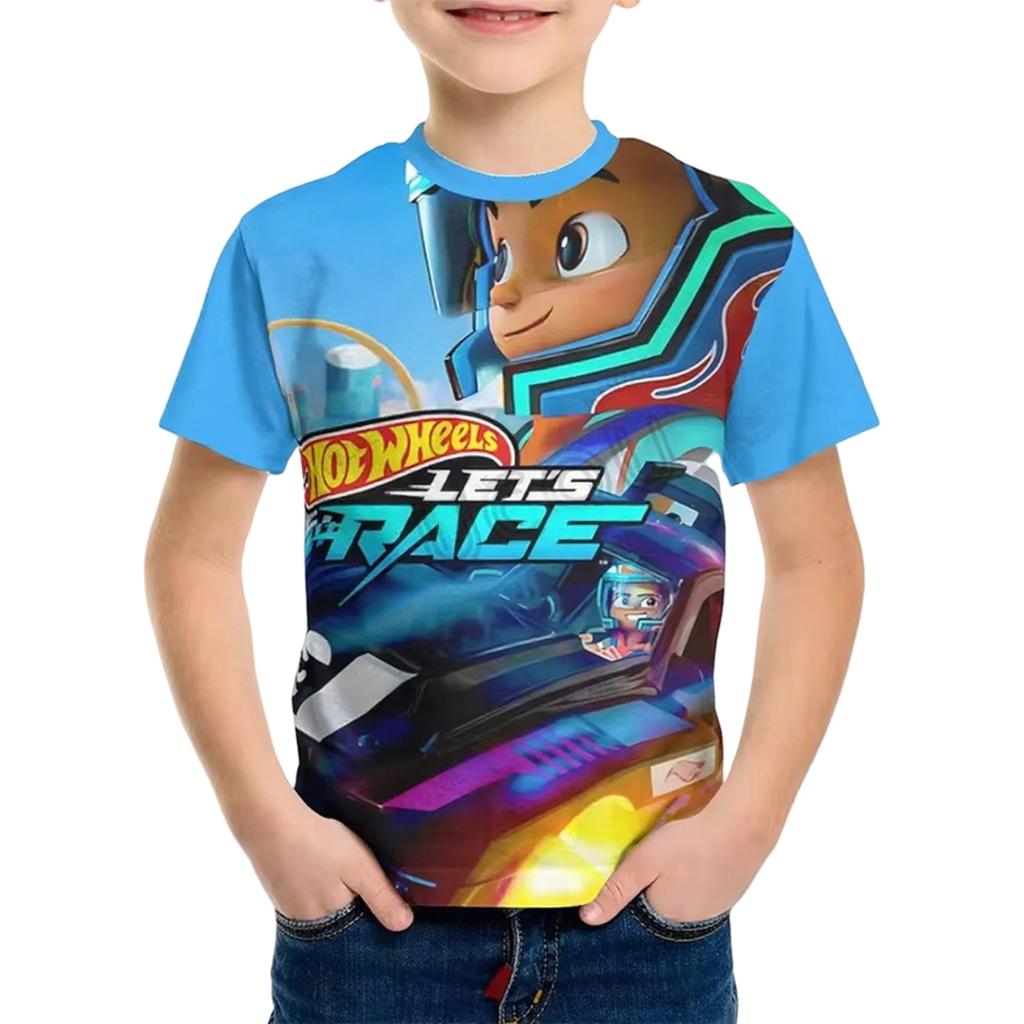 Summer Kids T-shirt Car Racing Print Short-sleeved Boy Tees Top Casual Girl T-shirt Streetwear Outdoor Casual Clothing