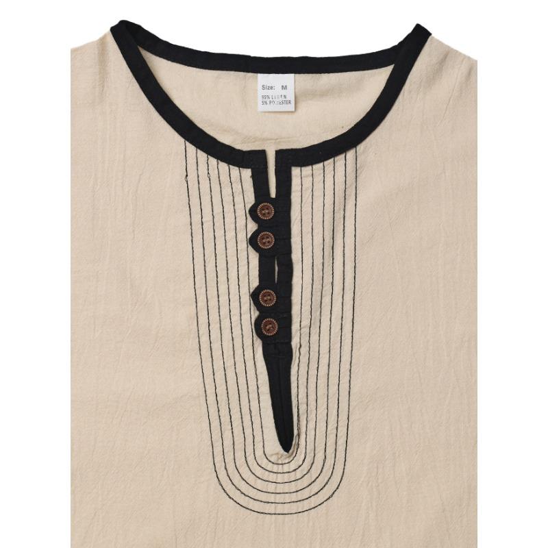 Henry Neck Men's Solid Color Linen Loose Casual Sports Long-sleeved T-shirt