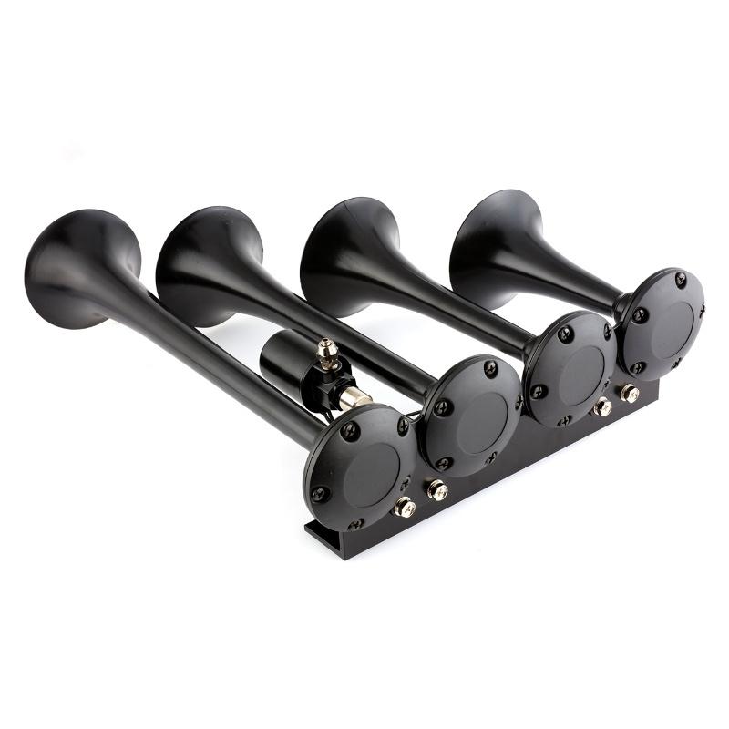 Bocina de Aire para Coche Súper Ruidosa de 135db y 12V con 4 Tubos Trompeta para Camión/Tren/Barco (Negro / plata)