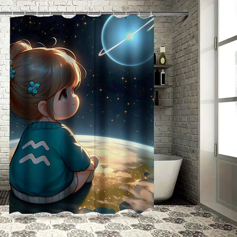 Cute Cartoon Girl Shower Curtain - Space Adventure Design, Waterproof & Mildew-Resistant for Kids' Bathroom Decor, Perfect Gift